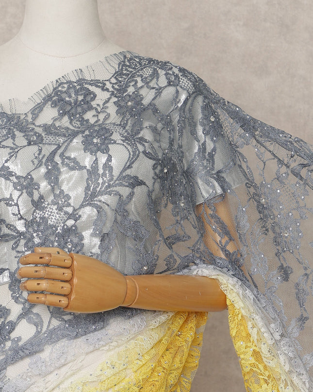 Grey and Yellow Premium French Ombre Chantilly Lace Saree with Stone Work – 5.5 Meters Length, 110 Cms Width, Crafted in France-D26108