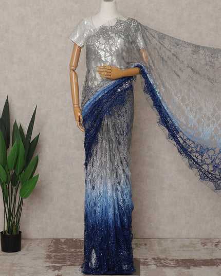 Silver and Royal Blue Premium French Ombre Chantilly Lace Saree with Stone Work – 5.5 Meters Length, 110 Cms Width, Crafted in France-D26110