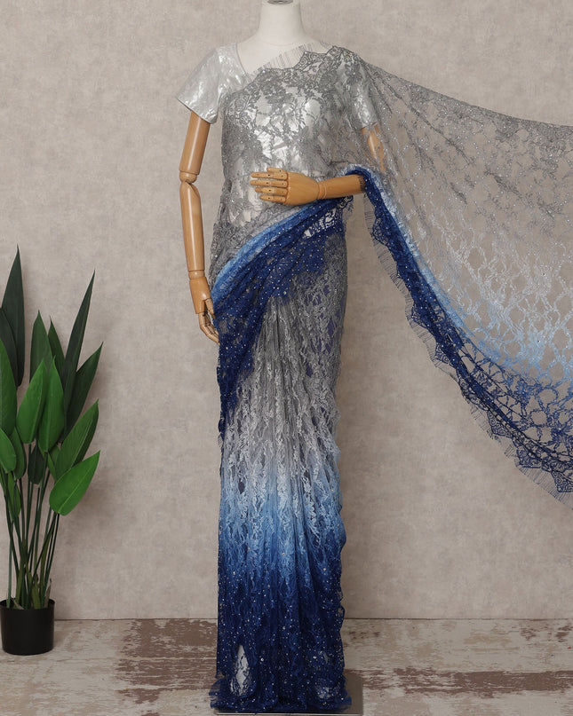 Silver and Royal Blue Premium French Ombre Chantilly Lace Saree with Stone Work – 5.5 Meters Length, 110 Cms Width, Crafted in France-D26110