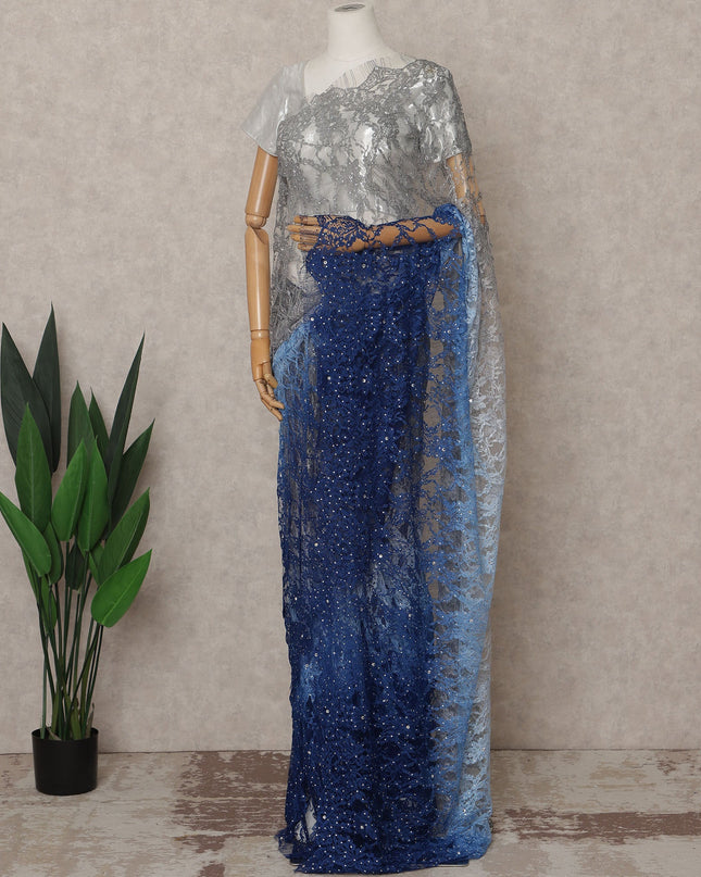 Silver and Royal Blue Premium French Ombre Chantilly Lace Saree with Stone Work – 5.5 Meters Length, 110 Cms Width, Crafted in France-D26110