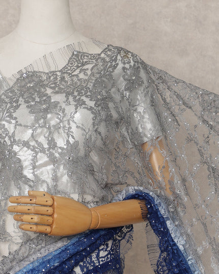 Silver and Royal Blue Premium French Ombre Chantilly Lace Saree with Stone Work – 5.5 Meters Length, 110 Cms Width, Crafted in France-D26110
