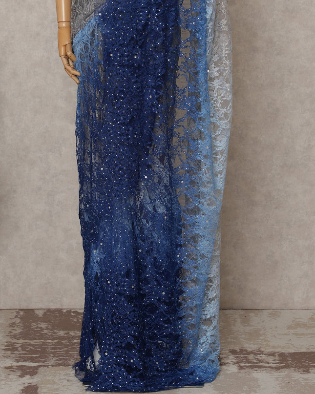 Silver and Royal Blue Premium French Ombre Chantilly Lace Saree with Stone Work – 5.5 Meters Length, 110 Cms Width, Crafted in France-D26110