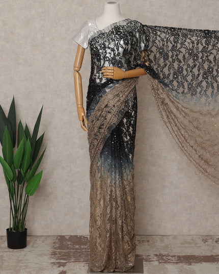 Black and Bronze Premium French Ombre Chantilly Lace Saree with Stone Work – 5.5 Meters Length, 110 Cms Width, Crafted in France-D26109