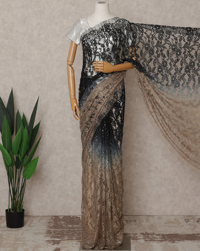 Black and Bronze Premium French Ombre Chantilly Lace Saree with Stone Work – 5.5 Meters Length, 110 Cms Width, Crafted in France-D26109