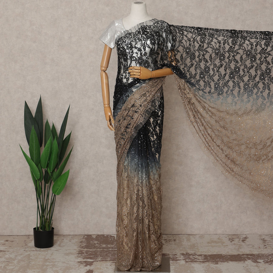 Black and Bronze Premium French Ombre Chantilly Lace Saree with Stone Work – 5.5 Meters Length, 110 Cms Width, Crafted in France-D26109