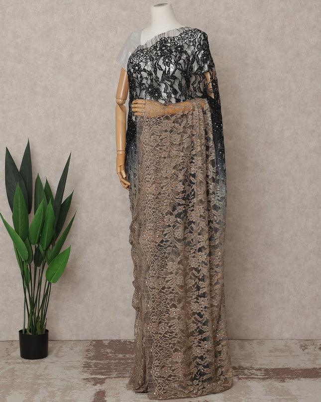 Black and Bronze Premium French Ombre Chantilly Lace Saree with Stone Work – 5.5 Meters Length, 110 Cms Width, Crafted in France-D26109