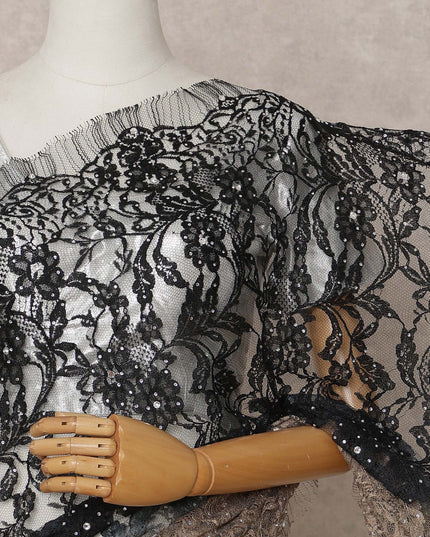 Black and Bronze Premium French Ombre Chantilly Lace Saree with Stone Work – 5.5 Meters Length, 110 Cms Width, Crafted in France-D26109