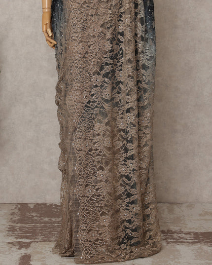 Black and Bronze Premium French Ombre Chantilly Lace Saree with Stone Work – 5.5 Meters Length, 110 Cms Width, Crafted in France-D26109