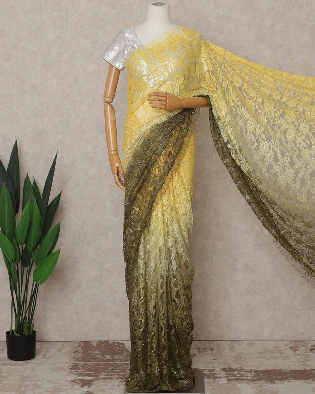 Yellow and Olive Premium French Ombre Chantilly Lace Saree with Stone Work – 5.5 Meters Length, 110 Cms Width, Crafted in France-D26105