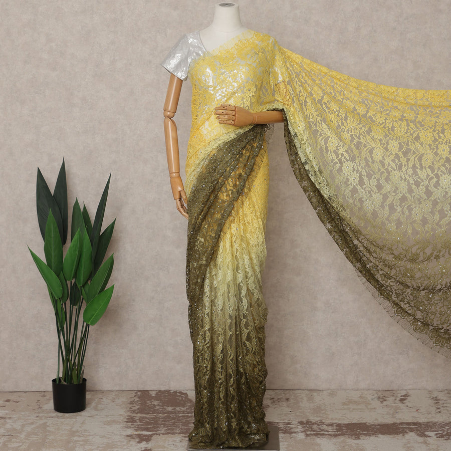 Yellow and Olive Premium French Ombre Chantilly Lace Saree with Stone Work – 5.5 Meters Length, 110 Cms Width, Crafted in France-D26105
