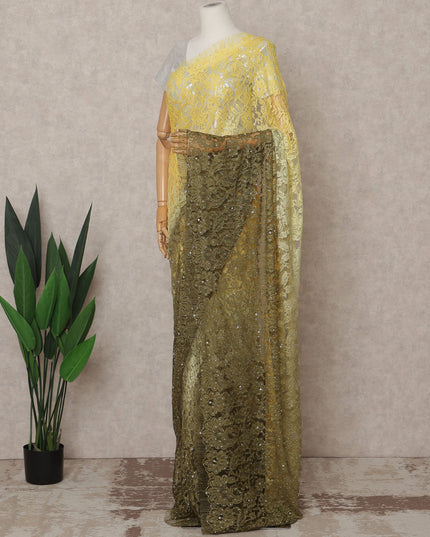 Yellow and Olive Premium French Ombre Chantilly Lace Saree with Stone Work – 5.5 Meters Length, 110 Cms Width, Crafted in France-D26105