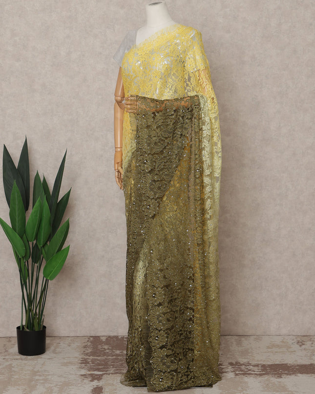 Yellow and Olive Premium French Ombre Chantilly Lace Saree with Stone Work – 5.5 Meters Length, 110 Cms Width, Crafted in France-D26105