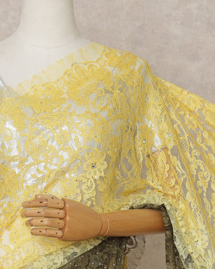 Yellow and Olive Premium French Ombre Chantilly Lace Saree with Stone Work – 5.5 Meters Length, 110 Cms Width, Crafted in France-D26105