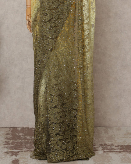 Yellow and Olive Premium French Ombre Chantilly Lace Saree with Stone Work – 5.5 Meters Length, 110 Cms Width, Crafted in France-D26105