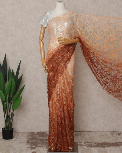 Peach and Copper Premium French Ombre Chantilly Lace Saree with Stone Work – 5.5 Meters Length, 110 Cms Width, Crafted in France-D26106