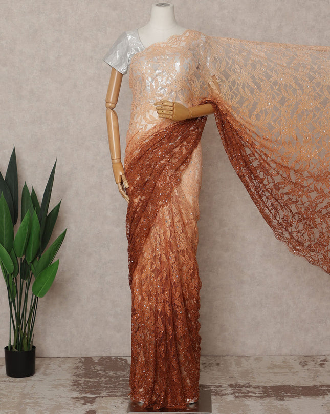 Peach and Copper Premium French Ombre Chantilly Lace Saree with Stone Work – 5.5 Meters Length, 110 Cms Width, Crafted in France-D26106