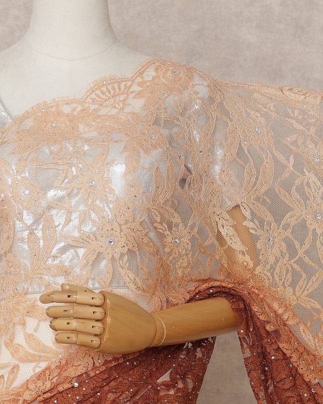 Peach and Copper Premium French Ombre Chantilly Lace Saree with Stone Work – 5.5 Meters Length, 110 Cms Width, Crafted in France-D26106