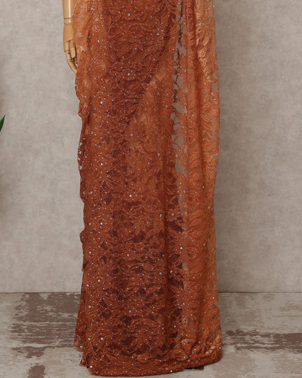 Peach and Copper Premium French Ombre Chantilly Lace Saree with Stone Work – 5.5 Meters Length, 110 Cms Width, Crafted in France-D26106