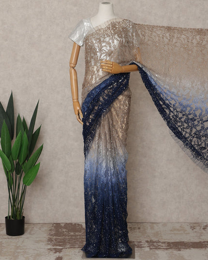 Beige and Navy Blue Premium French Ombre Chantilly Lace Saree with Stone Work – 5.5 Meters Length, 110 Cms Width, Crafted in France-D26111