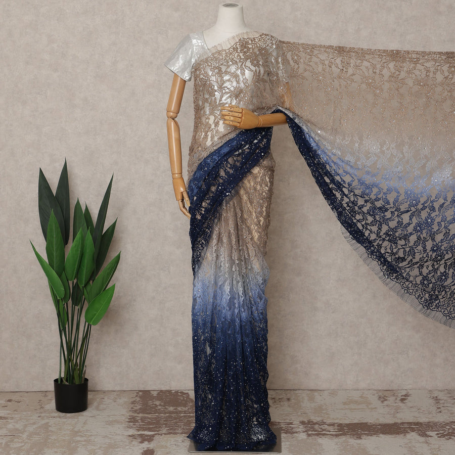 Beige and Navy Blue Premium French Ombre Chantilly Lace Saree with Stone Work – 5.5 Meters Length, 110 Cms Width, Crafted in France-D26111