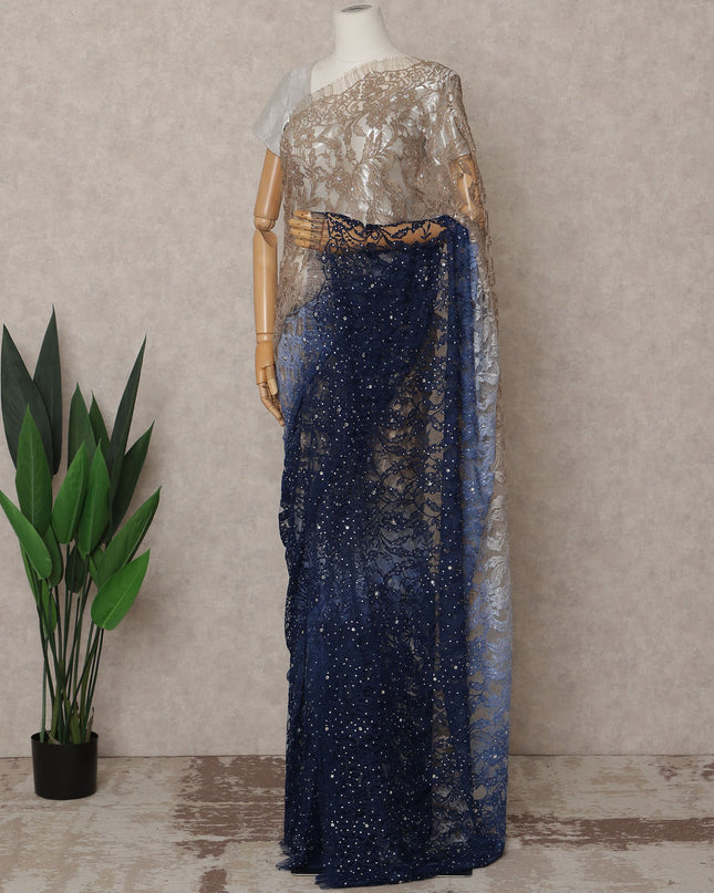 Beige and Navy Blue Premium French Ombre Chantilly Lace Saree with Stone Work – 5.5 Meters Length, 110 Cms Width, Crafted in France-D26111