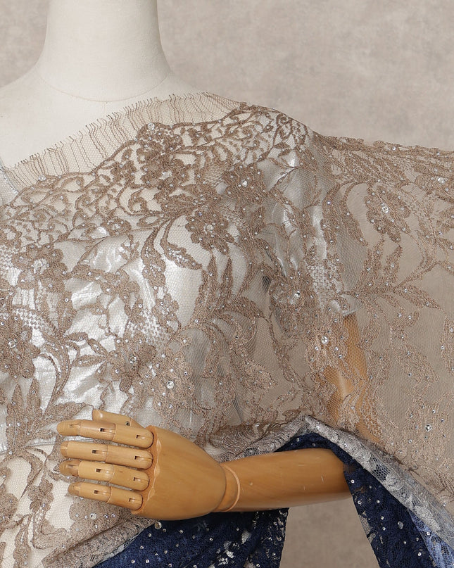 Beige and Navy Blue Premium French Ombre Chantilly Lace Saree with Stone Work – 5.5 Meters Length, 110 Cms Width, Crafted in France-D26111