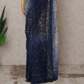 Beige and Navy Blue Premium French Ombre Chantilly Lace Saree with Stone Work – 5.5 Meters Length, 110 Cms Width, Crafted in France-D26111