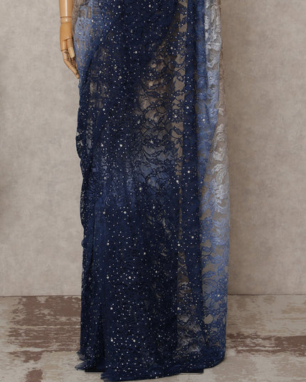 Beige and Navy Blue Premium French Ombre Chantilly Lace Saree with Stone Work – 5.5 Meters Length, 110 Cms Width, Crafted in France-D26111