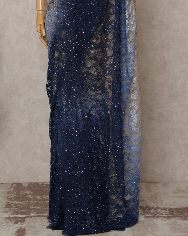 Beige and Navy Blue Premium French Ombre Chantilly Lace Saree with Stone Work – 5.5 Meters Length, 110 Cms Width, Crafted in France-D26111