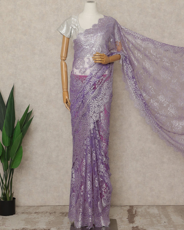 Lavender Purple Premium French Metallic Chantilly Lace Saree with Stone Work, 5.5 Mtrs Length, 110 Cms Width, Made in France-D27155