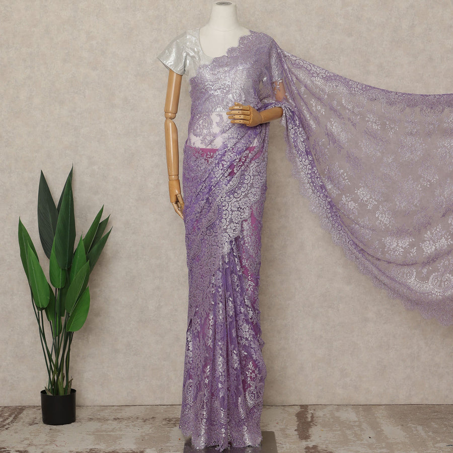 Lavender Purple Premium French Metallic Chantilly Lace Saree with Stone Work, 5.5 Mtrs Length, 110 Cms Width, Made in France-D27155