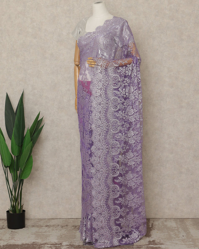 Lavender Purple Premium French Metallic Chantilly Lace Saree with Stone Work, 5.5 Mtrs Length, 110 Cms Width, Made in France-D27155