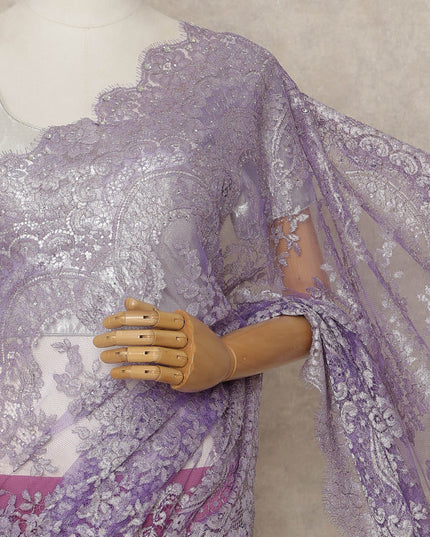 Lavender Purple Premium French Metallic Chantilly Lace Saree with Stone Work, 5.5 Mtrs Length, 110 Cms Width, Made in France-D27155