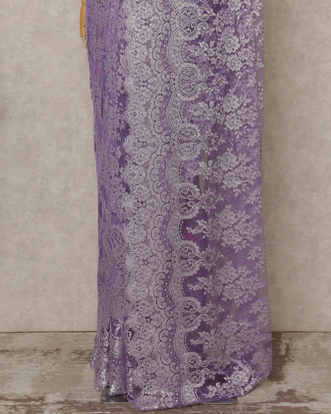 Lavender Purple Premium French Metallic Chantilly Lace Saree with Stone Work, 5.5 Mtrs Length, 110 Cms Width, Made in France-D27155