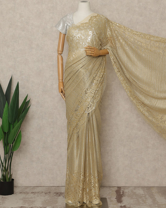 Rich Gold Premium French Metallic Chantilly Lace Saree with Stone Work, 5.5 Mtrs Length, 110 Cms Width, Made in France-D27133 Regal Fabrics