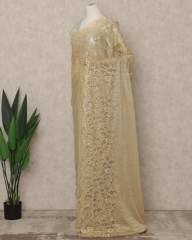 Rich Gold Premium French Metallic Chantilly Lace Saree with Stone Work, 5.5 Mtrs Length, 110 Cms Width, Made in France-D27133 Regal Fabrics