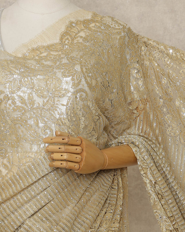 Rich Gold Premium French Metallic Chantilly Lace Saree with Stone Work, 5.5 Mtrs Length, 110 Cms Width, Made in France-D27133 Regal Fabrics