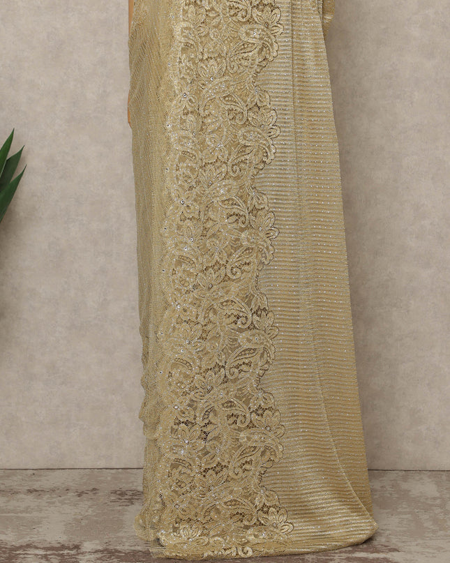 Rich Gold Premium French Metallic Chantilly Lace Saree with Stone Work, 5.5 Mtrs Length, 110 Cms Width, Made in France-D27133 Regal Fabrics