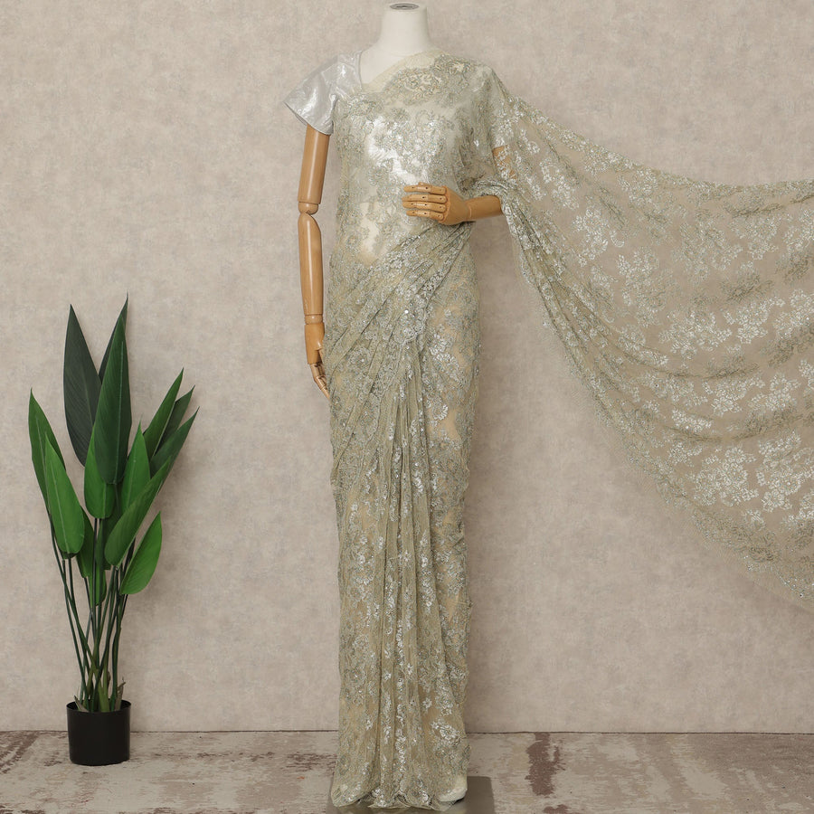 Pistachio Green Premium French Metallic Chantilly Lace Saree with Stone Work, 5.5 Mtrs Length, 110 Cms Width, Made in France-D27135
