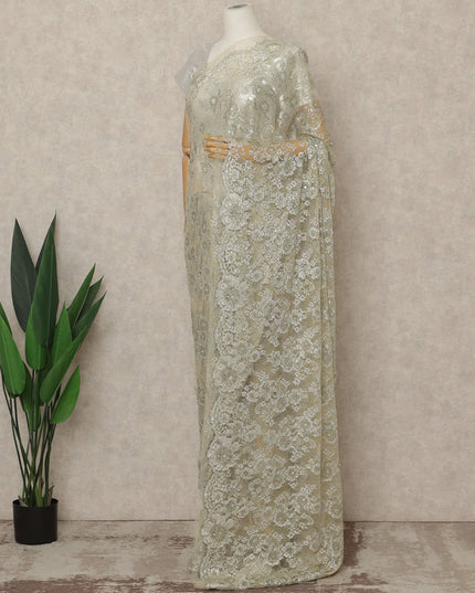 Pistachio Green Premium French Metallic Chantilly Lace Saree with Stone Work, 5.5 Mtrs Length, 110 Cms Width, Made in France-D27135