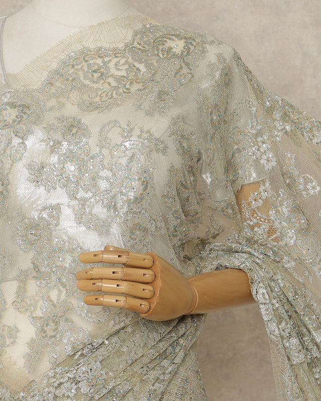 Pistachio Green Premium French Metallic Chantilly Lace Saree with Stone Work, 5.5 Mtrs Length, 110 Cms Width, Made in France-D27135