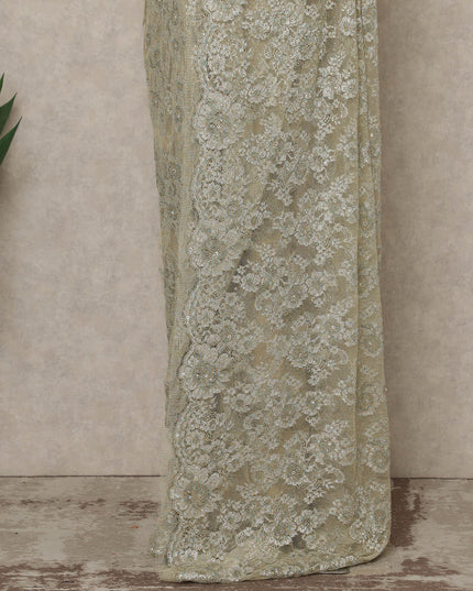 Pistachio Green Premium French Metallic Chantilly Lace Saree with Stone Work, 5.5 Mtrs Length, 110 Cms Width, Made in France-D27135