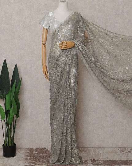 Silver Grey Gold-Fleck French Chantilly Lace Saree
