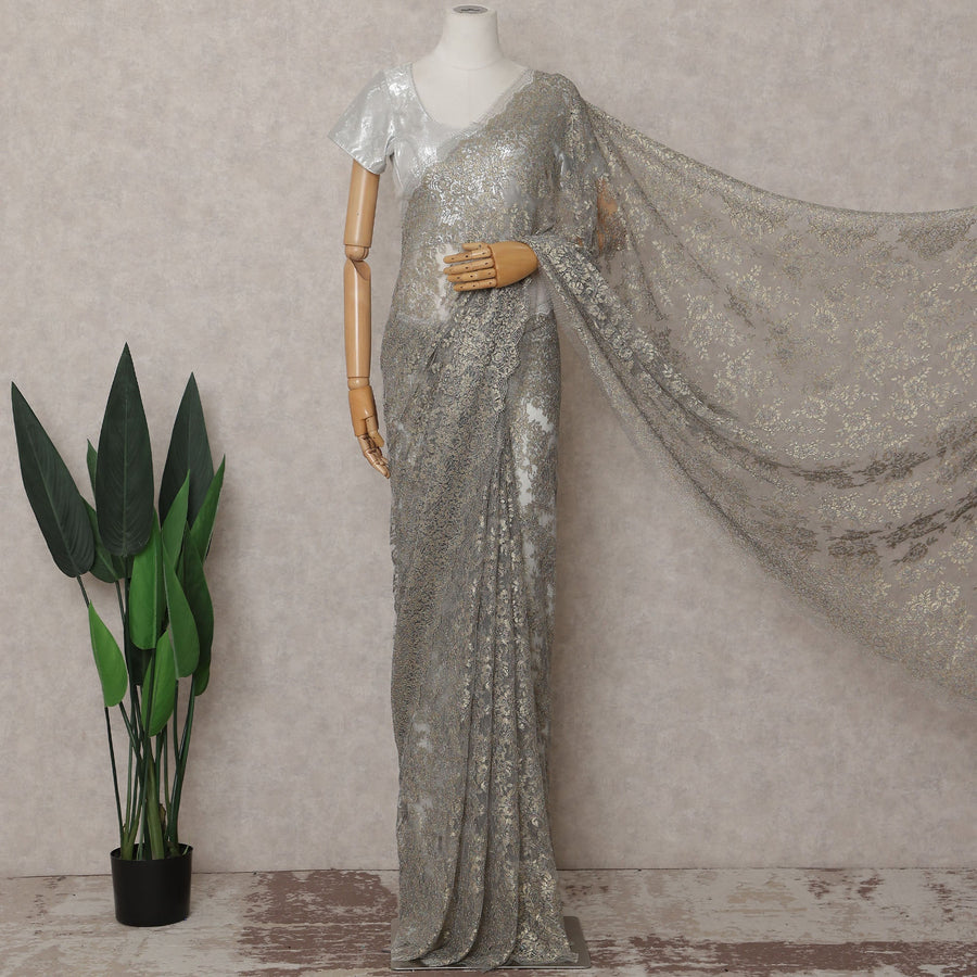 Silver Grey Gold-Fleck French Chantilly Lace Saree