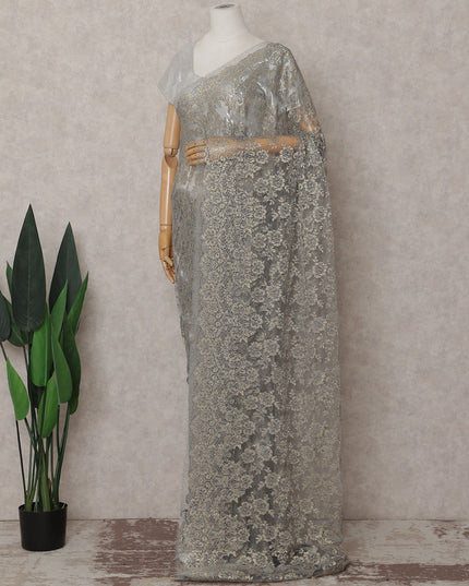 Silver Grey Gold-Fleck French Chantilly Lace Saree