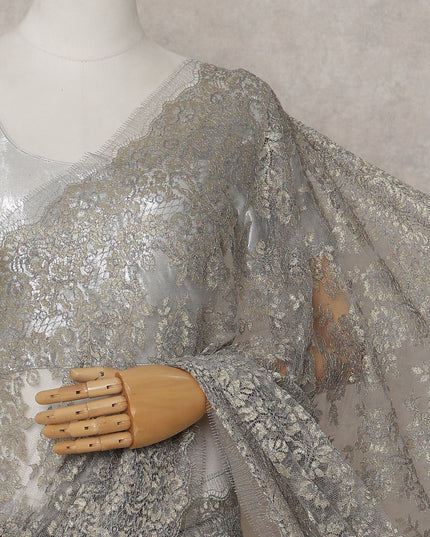 Silver Grey Gold-Fleck French Chantilly Lace Saree