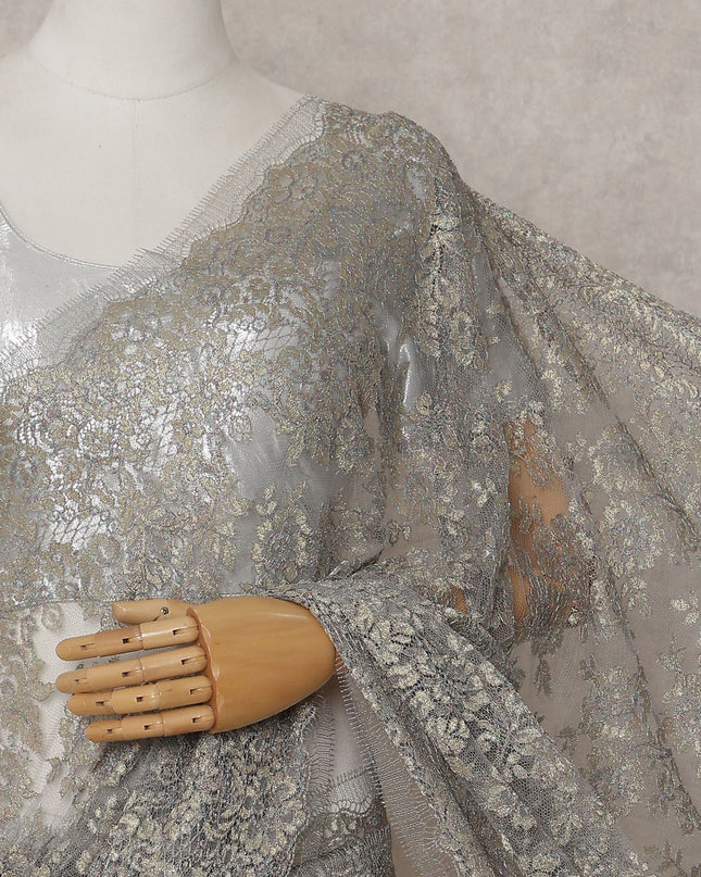 Silver Grey Gold-Fleck French Chantilly Lace Saree