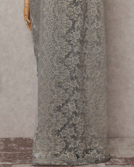 Silver Grey Gold-Fleck French Chantilly Lace Saree