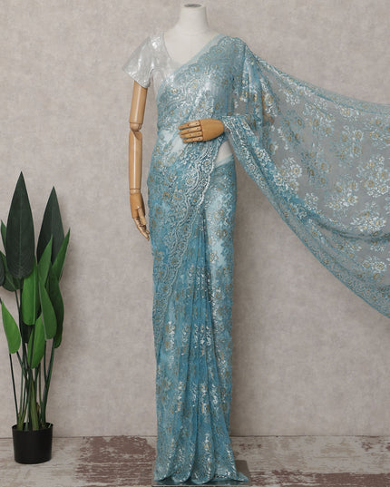 Sky Blue Gilded French Chantilly Lace Saree