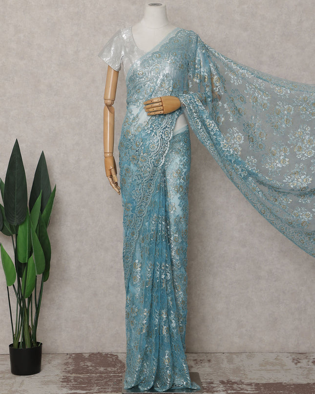Sky Blue Gilded French Chantilly Lace Saree